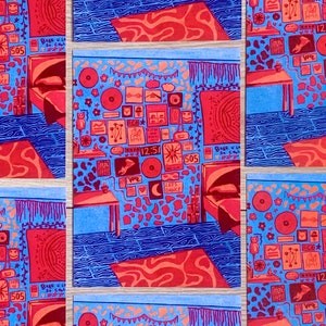 以下が含まれることがあります： 青い壁と赤い家具のある部屋のカラフルなイラスト。壁にはレコード、12:51を示す時計、「LET'S DANCE」の文字など、さまざまな絵が飾られています。床は青い木目模様です。