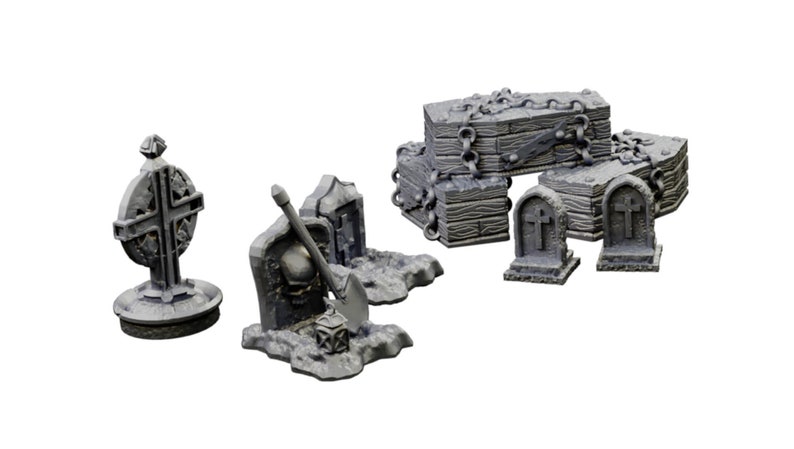 Op de afbeelding: Een set miniatuur kerkhofdecoraties, inclusief een kruis, grafstenen en een kist met kettingen. De stukken zijn gemaakt van grijs plastic en zijn ontworpen voor tabletop gaming of miniatuurdioramas.