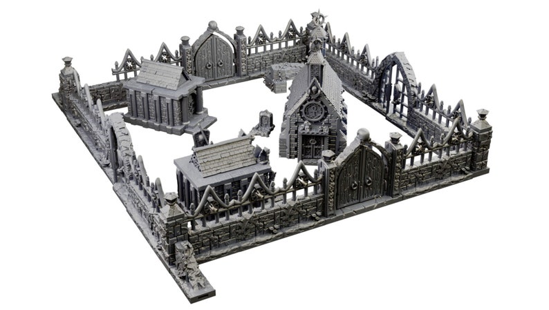 Op de afbeelding: Een grijze, steenachtige miniatuurbegraafplaatsset met een kerk, twee kleinere gebouwen, een poort en een hek. De set is gemaakt van plastic en is ontworpen voor tabletop gaming.