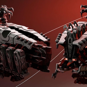 May include: Two detailed, futuristic, mechanical, grey and red, sci-fi robots with intricate designs and sharp edges.