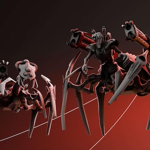 May include: Two white and black robotic spiders with multiple legs and guns. The larger spider has a gun on each arm and the smaller spider has a gun on its head.