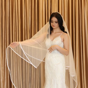 Satin ribbon wedding veils,Soft Pure White Veil ,Bridal cascading veil, 2 tier veil,Chapel double tire veil  cathedral veil Satin edge veil