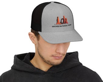 Embroidered Snapback Trucker Cap, Arches National Park Hat, Outdoor Adventure Gear, Travel Gift, Camping Cap, Nature Lover Accessory