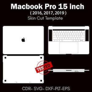 May include: White skin cut template for a Macbook Pro 15 inch (2016, 2017, 2019) with the Apple logo. The image shows the top, bottom, and keyboard layout. Includes the text "TESTED" and file type formats.