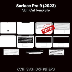 May include: A black graphic showing a white skin cut template for a Surface Pro 9 (2023). The template includes outlines of the device's components, including the keyboard and screen. The word "TESTED" is stamped on one of the keyboard outlines.