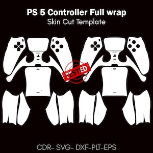 May include: A white skin cut template for a PS5 controller, with the text "PS 5 Controller Full wrap Skin Cut Template" and a "TESTED" stamp. The design shows cutouts for the controller's buttons and body, on a black background.