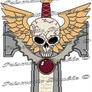 May include: A pixel art design of a silver sword with a red gem, a skull with wings, and a banner with the text "My Armor is Disgust, My Shield is Disgust, My Sword is Hatred, In The Emperor's Name Let None Survive".