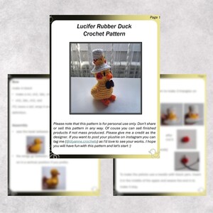 May include: A crochet pattern titled "Lucifer Rubber Duck" featuring a yellow duck with a white and yellow hat, a black bow tie, and orange feet. The pattern is for personal use only, with instructions and a small image of the finished product.