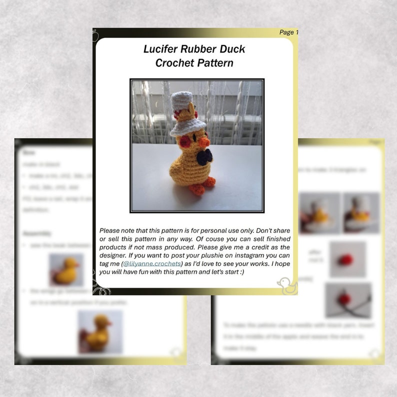 May include: A crochet pattern titled "Lucifer Rubber Duck" featuring a yellow duck with a white and yellow hat, a black bow tie, and orange feet. The pattern is for personal use only, with instructions and a small image of the finished product.