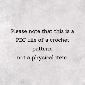 May include: Text on a light gray background reads: "Please note that this is a PDF file of a crochet pattern, not a physical item."