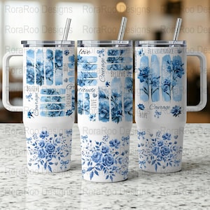 Blue Chinoiserie Floral Tumbler Wrap, Inspirational Quotes Tumbler Wrap, 40 oz Tumbler Wrap, PNG File, Instant Digital Download Only