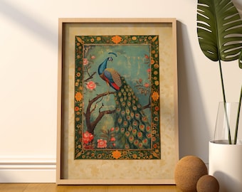 Traditional Persian / Mughal Miniature Art, Home Decor, Wall Art, Indian Oriental Vintage Style, Peacock, A4 A3 A2 A1 A0 Print Poster