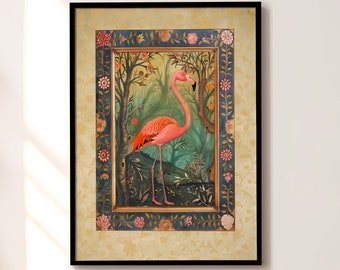 Traditional Persian / Mughal Miniature Art, Flamingo, Home Decor, Wall Art, Indian Oriental Vintage Style, A4 A3 A2 A1 A0 Print Poster