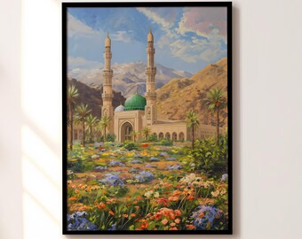 Medina Prophet&#39;s Mosque Masjid Nabawi Flowers Islamic Print Poster, Muslim Quran, Bedroom, Lounge, Home Decor, Wall Art, A4 A3 A2 A1 A0