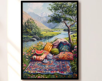 Afghan Picnic River Carpet Garden Nature Print Poster, Bedroom, Lounge, Home Decor, Wall Art, A4 A3 A2 A1 A0