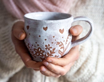 Handmade ceramic natural white coffee/tea cup with delicate flowers unique drawing cute farmhouse style home decoration 300ml gift for her