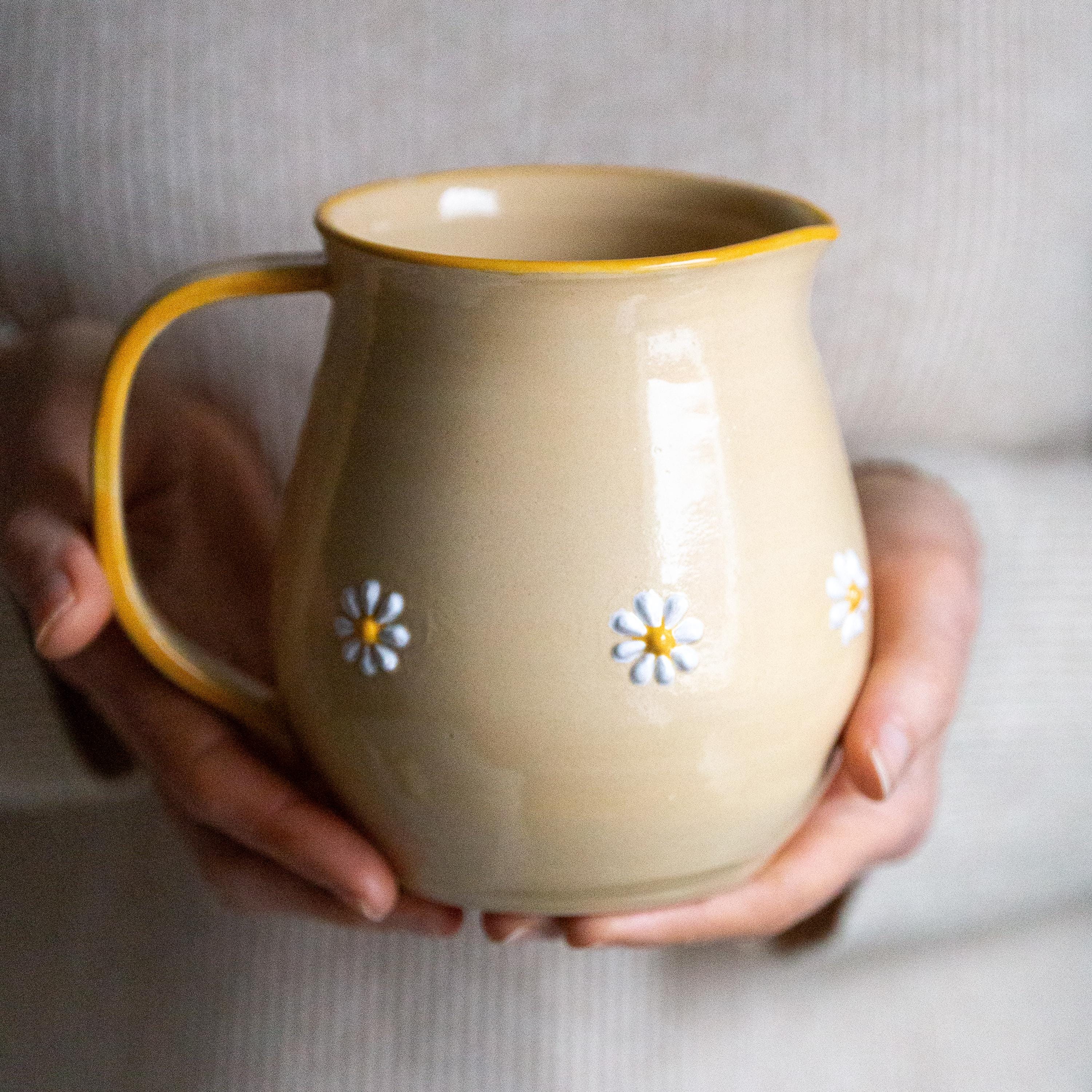 Handmade Ceramic Natural Beige Jug/pitcher White Yellow Daisy
