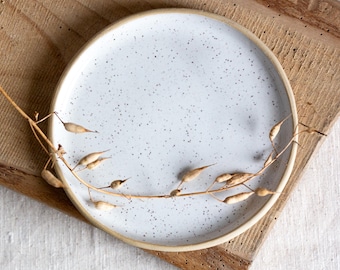 May include: A speckled white ceramic plate with a light beige rim. The plate is set on a wooden cutting board. A dried plant stem with seed pods is placed across the plate.