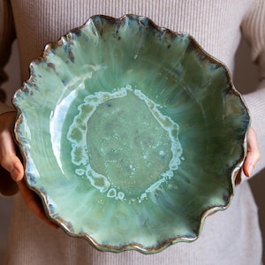 Handmade ceramic big green fruit/salad bowl stone texture decorative centerpiece durable stoneware wedding gift fine dining