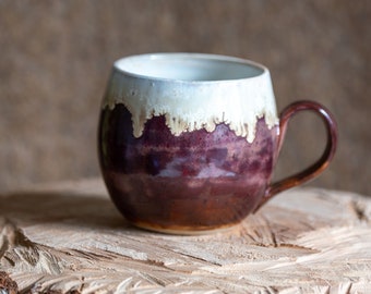 Handmade ceramic big bright drip mug in white and violet coffee/tea cup unique home/kitchen decoration gift 300ml