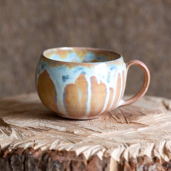 Handmade ceramic big bright drip mug in beige and white coffee/tea cup unique home/kitchen decoration gift 300ml