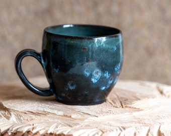 Handmade ceramic big coffee/tea cup dark green with speckle effects 300ml gift for him