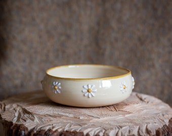Handmade ceramic small natural beige bowl white daisy flowers cute farmhouse style versatile home decoration for accessories gift for her