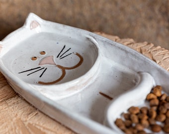 Handmade ceramic white Cat dish cute gift for catlovers handcrafted unique decorative cat mom kitchen accessoire made to order