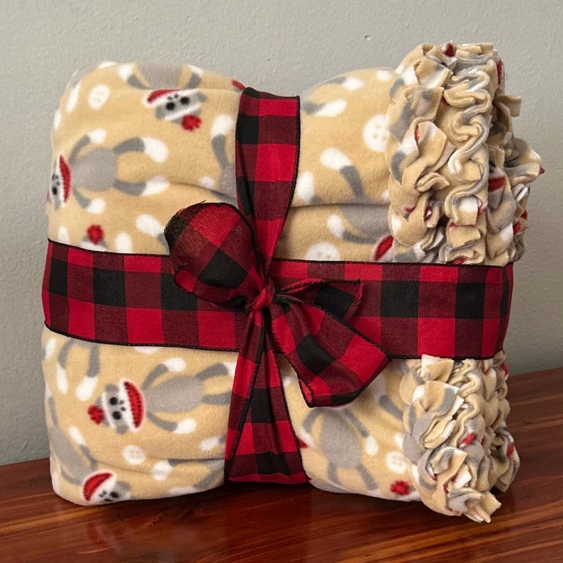 Sock Monkey Fleece Tie Blanket Etsy UK