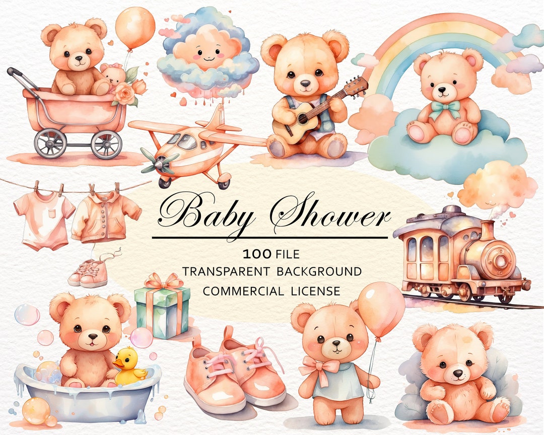 100 Watercolor Teddy Bear Clipart Bundle, Baby Shower Clipart, Cute ...