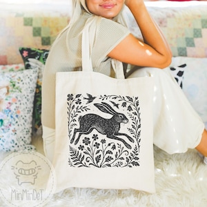 Wild Hare Linoprint Canvas Tote Bag: Cottagecore Rabbit Design