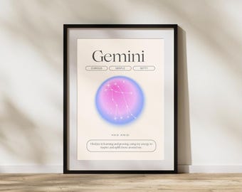 Cartel del signo del zodíaco, Géminis, Géminis, Impresión de arte de astrología, Cartel de nacimiento, Arte de pared, Personalizado, Descarga digital