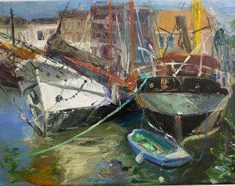 Old boats in a harbour oil painting, sailing painting, marina painting