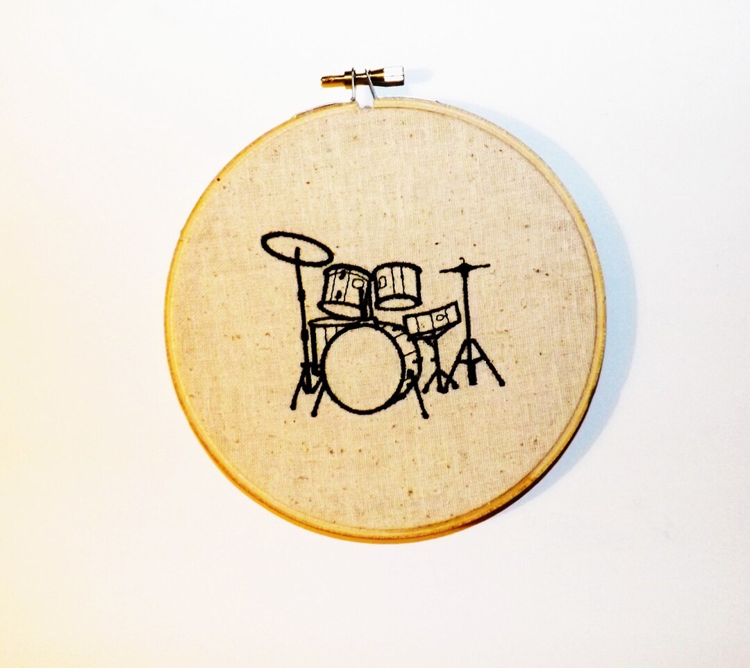 Embroidered Drum Kit Wall Hoop Art Black on Sand Colored Etsy