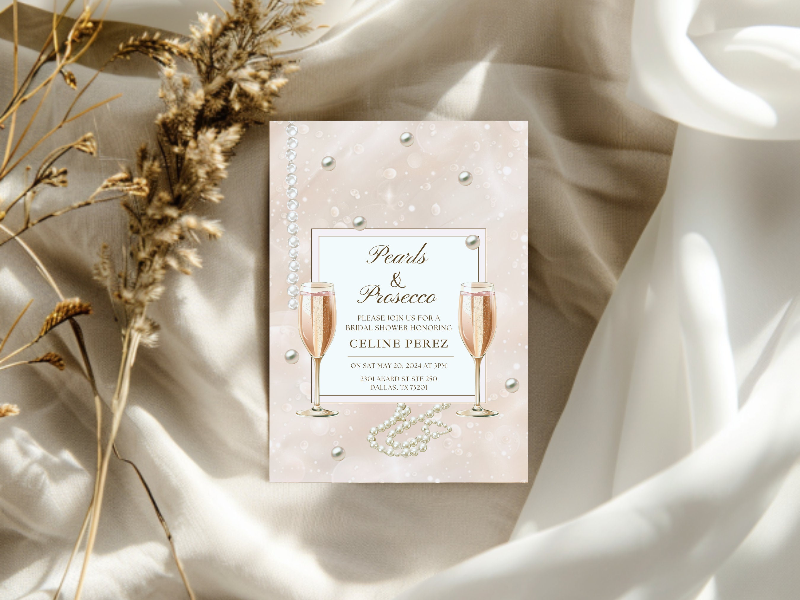 Pearl Bridal Shower Invite Printable Minimalist Pearls &amp; Prosecco ...