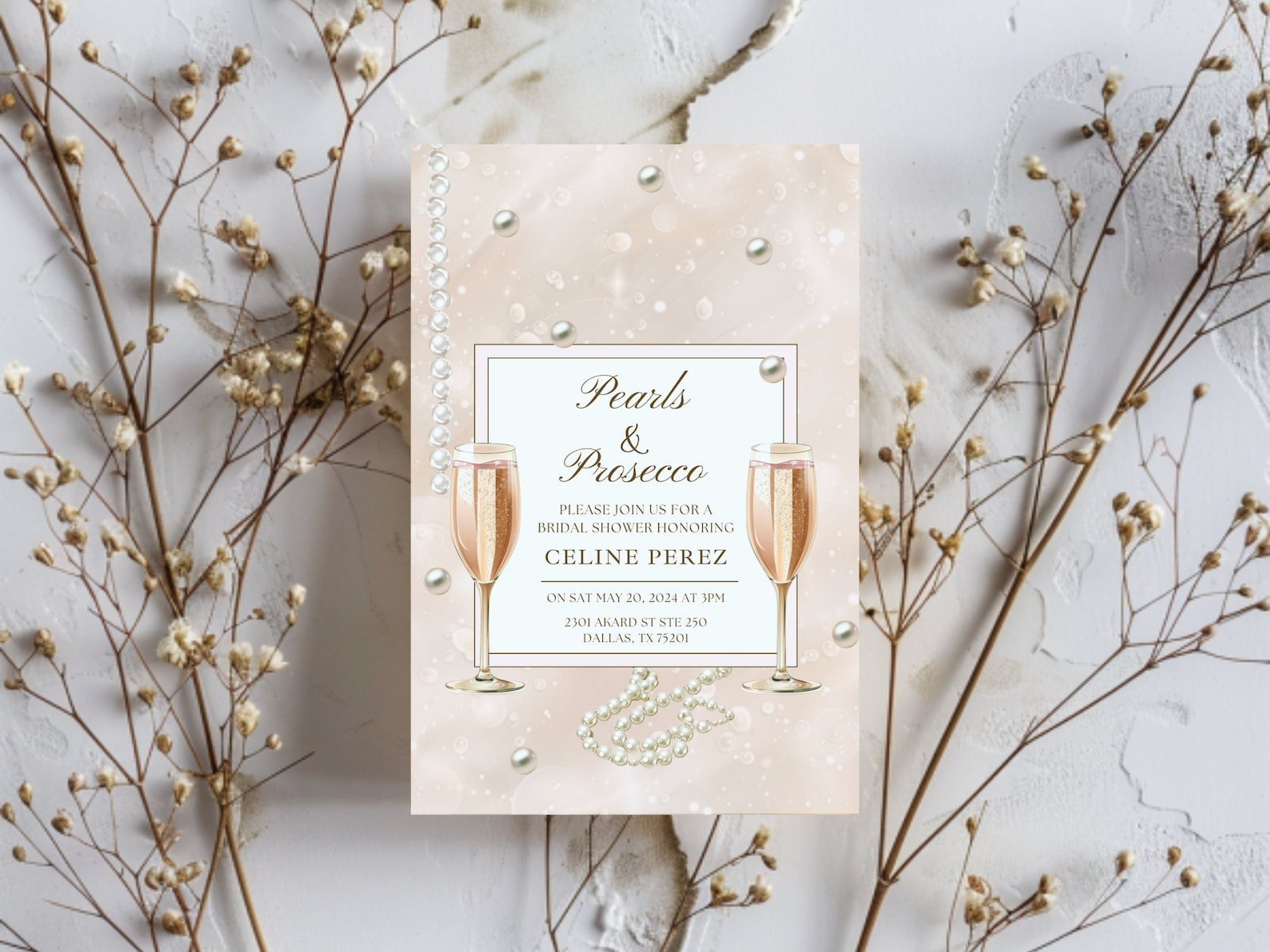 Pearl Bridal Shower Invite Printable Minimalist Pearls &amp; Prosecco ...