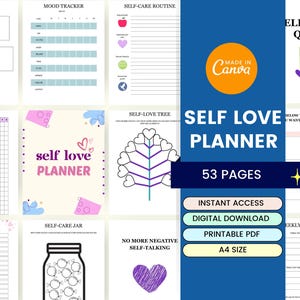 Self Love Planner | Self Love Journal | Self care Tracker | Self Care templates, Mindfulness Journal, Self Esteem Worksheet, Self Love Guide