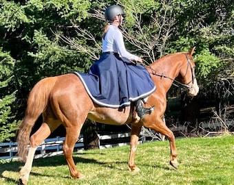 HybridSkirt. Custom waterproof, warm, reversible wraparound skirt for horseback riding.