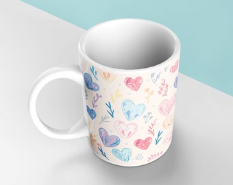 Heartfelt Happiness: Colorful 11 oz Ceramic Mug Adorned with Cheerful Hearts Perfect for Spreading Joy with Every Sip Coffee Mug Gift