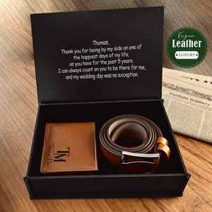 Juego de regalo de cinturón personalizado - Cinturón y billetera para hombre personalizados - Cinturón y billetera de cuero con caja de madera - Juego de regalo para abuelo - Regalo para el día del padre