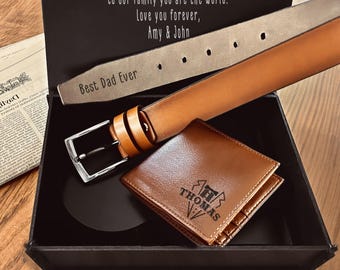 Personalised Belt and Wallet Gift Set with Custom Black Wooden Box / Men’s Gift Box / Gift for Husband, Boyfriend, Dad, Father’s Day Gift