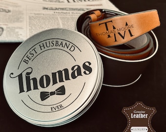 Personalized Genuine Leather Mens Belt with Gift Tin - Anniversary, Wedding Set, Groomsman Gift