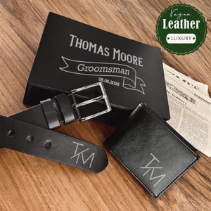 Juego de regalo personalizado para novio, cinturón y billetera de cuero vegano personalizados para hombre con caja de madera, juego de regalo para novio, regalo para papá