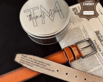 Personalized Genuine Leather Men’s Belt with Custom Tin / Engraved Anniversary Gift