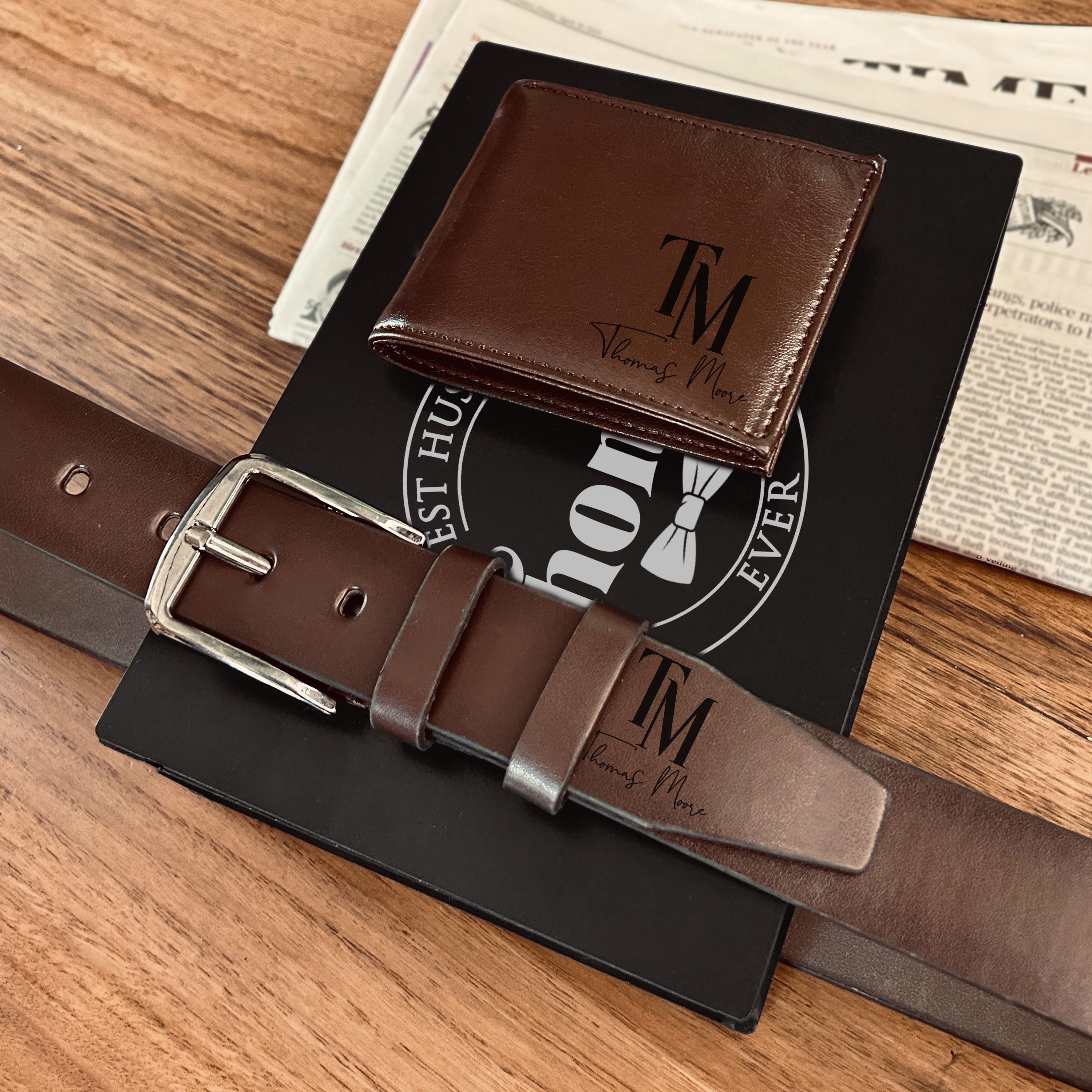 Personalized Belt Gift Set - Custom Mens Belt and Wallet - Leather Belt and Wallet with Wooden Box - Gift Set for Grandad - Fathers Day Gift