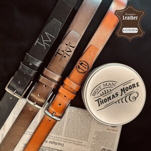 Full Grain Leather Belt with Tin / Personalized Leather Belt / Monogrammed Engraved Handmade Belt for Men / Gift for Husband / Father’s Day