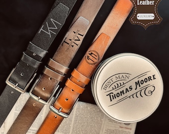 Full Grain Leather Men's Belt with Personalized Tin, Monogrammed Handmade Belts for Husband