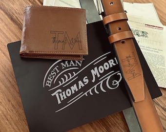 Groomsman Gifts - Personalized Gift Set for Men - Belt and Wallet and Wooden Box - Wedding Gift Set for Him - Anniversary Gift for Him