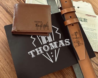 Personalized Gift Box for Fathers Day - Custom Mens Belt and Wallet - Belt and Wallet with Wooden Box - Gift Set for dad - Husband Gift