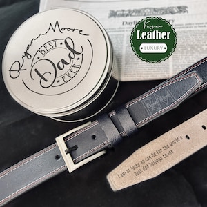 Personalized Leather Belt with Tin - Monogrammed Name Gift - Vegan Leather Belt - Gift for Husband - Engrave Belt - Father’s Day Gift